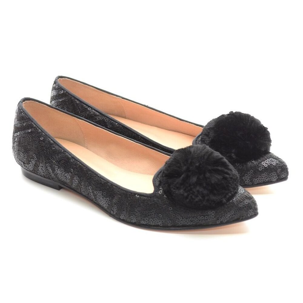 French Sole NY Cobb Black Sequins Pom Pom Flats 6 B New
